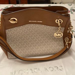 Michael Kors tan and white Mk signature